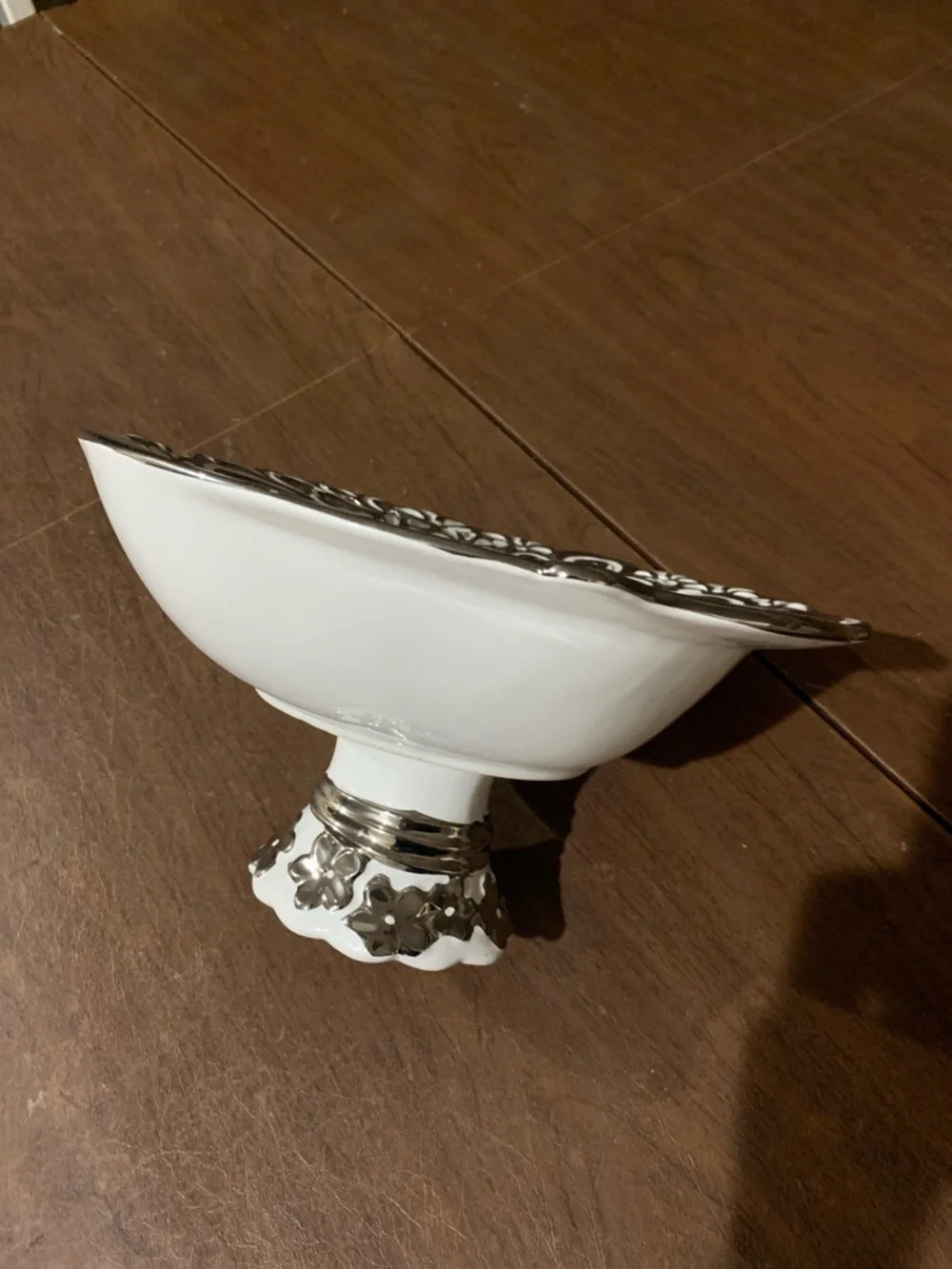 White and Silver Decorative Pedestal Bowl with Floral Accent
